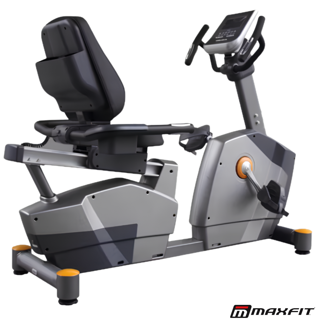 Maxfit 855 commercial recumbent bike with electromagnetic resistance and cushioned back support
