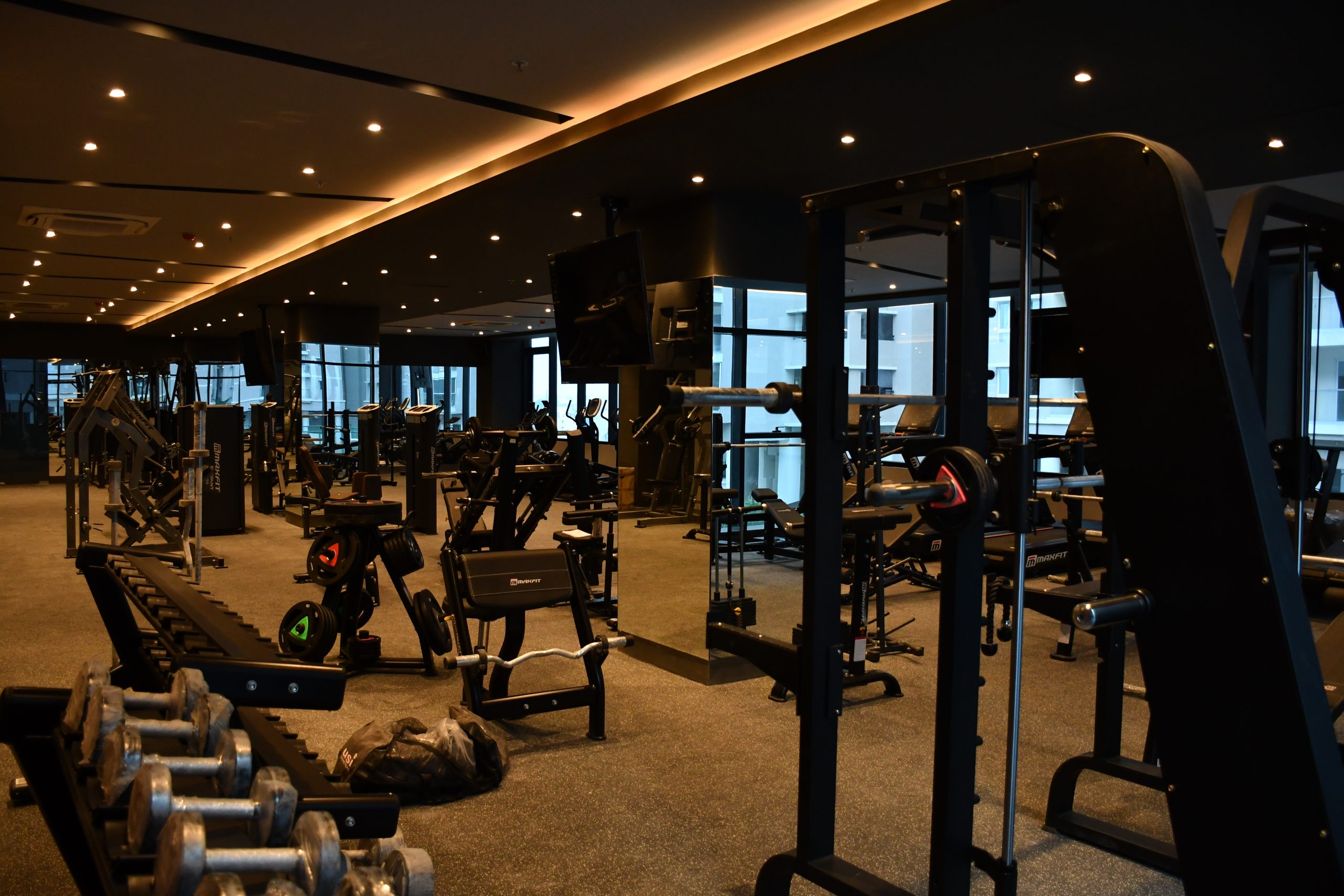 Luxury clubhouse gym at Cybercity Marina Skies, Kukatpally, Hyderabad, with Maxfit commercial gym equipment by Maxfit Equipment Solutions