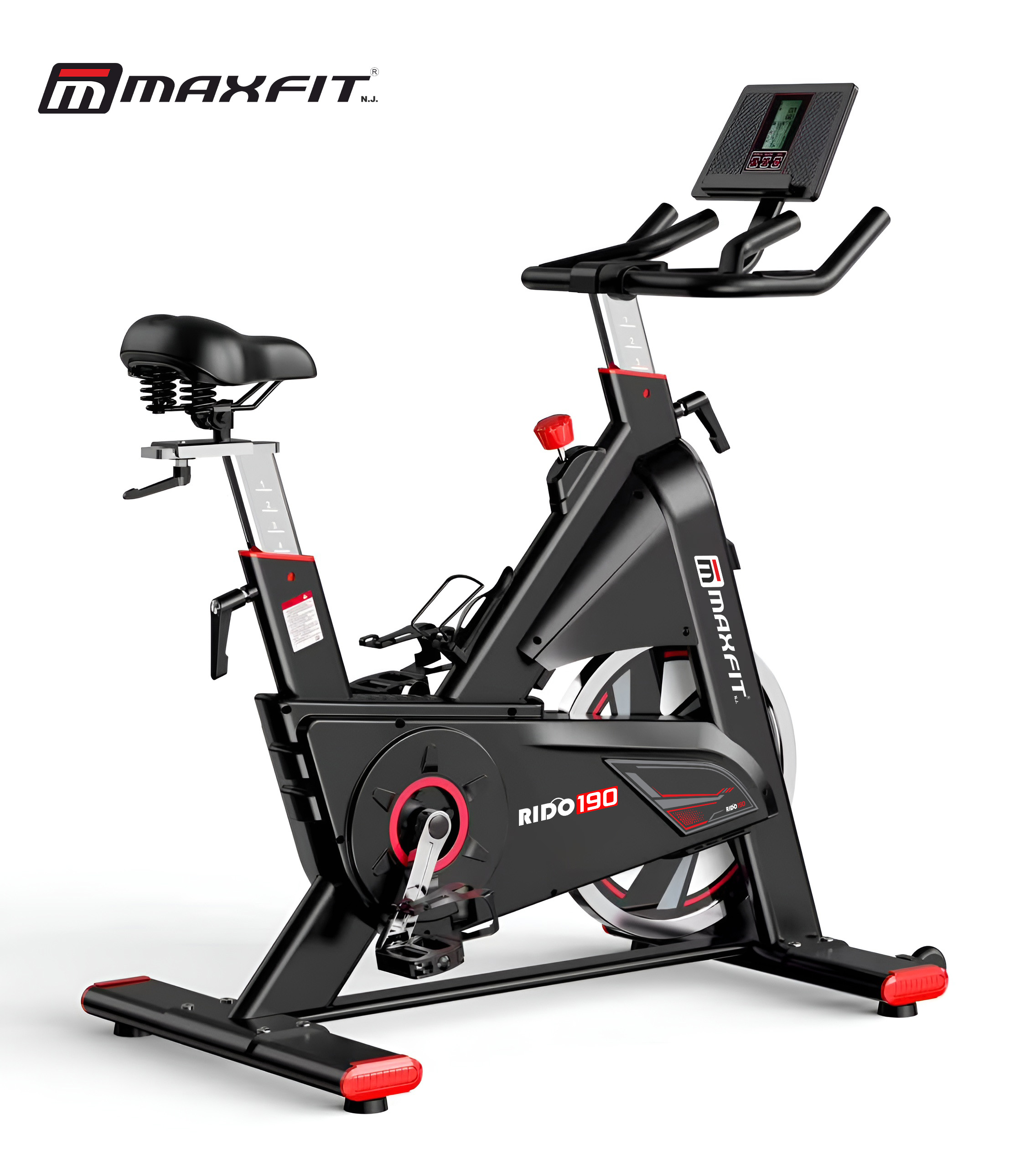 Maxfit RIDO 190 commercial spin bike with 26 kg flywheel, ergonomic seat and heavy-duty frame